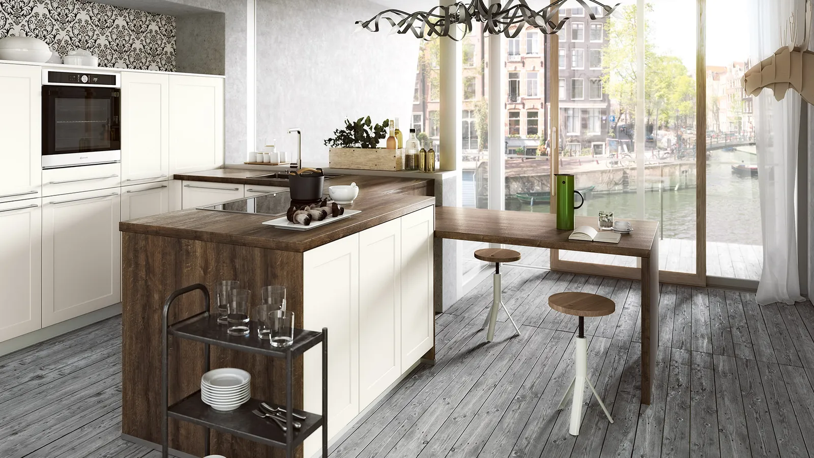 Moderne Küche in Creme Matt UT205 mit Arbeitsplatte aus Laminat Holzdekor dunkel von Wellmann