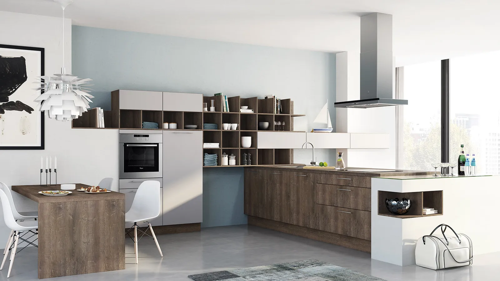 Industrial-Küche in Dunkelbraun Holzdekor matt mit Arbeitsplatte aus Holzdekor dunkelbraun von Wellmann