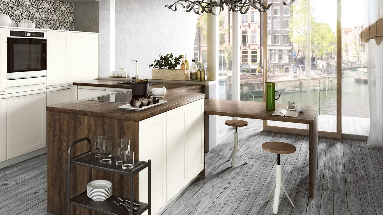 Skandinavische Küche in Creme/Weiß matt mit Arbeitsplatte aus Massivholz Eiche 40mm von Wellmann