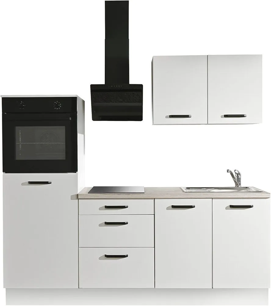 Moderne Küche in Weiß mit Arbeitsplatte aus Holzwerkstoff von wiho Küchen