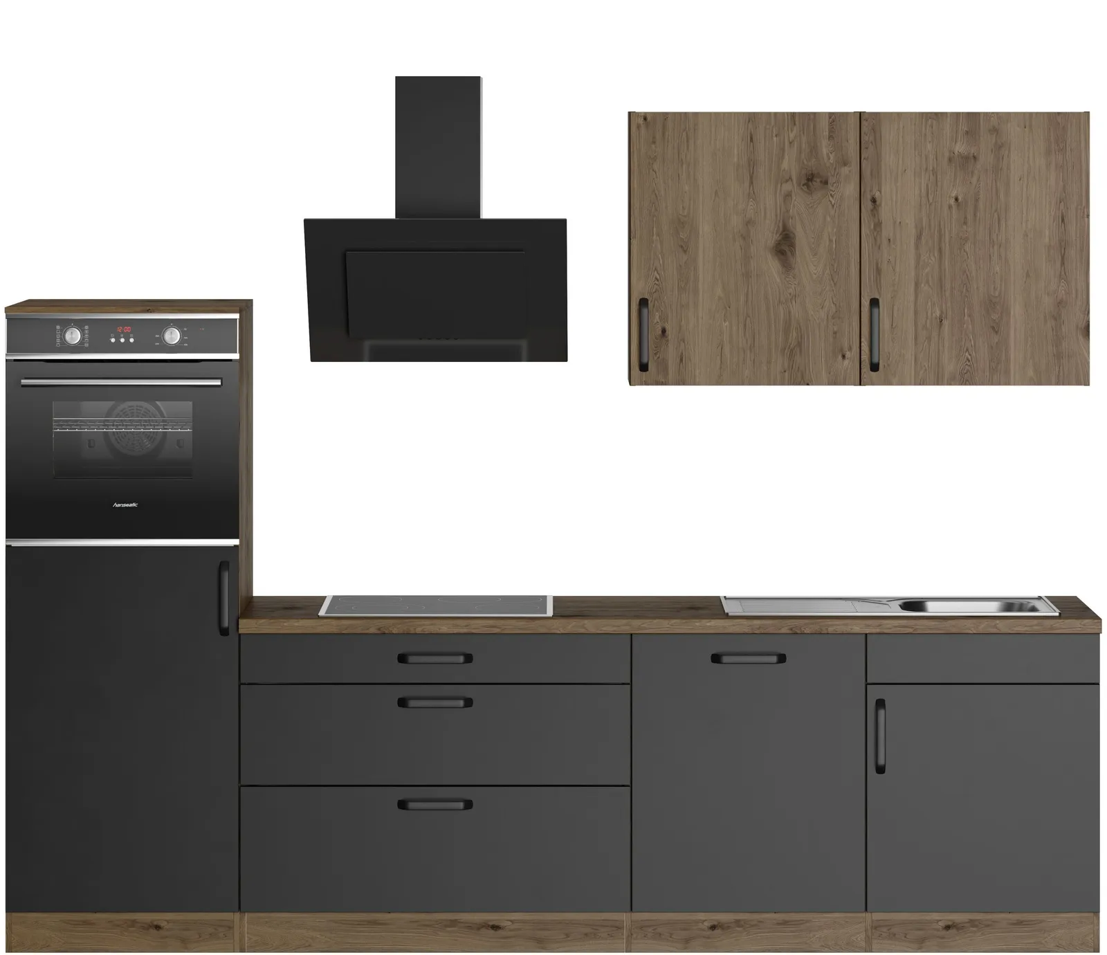 Moderne Küche in Anthrazit matt mit Arbeitsplatte aus Holzwerkstoff in Eichenoptik von wiho Küchen