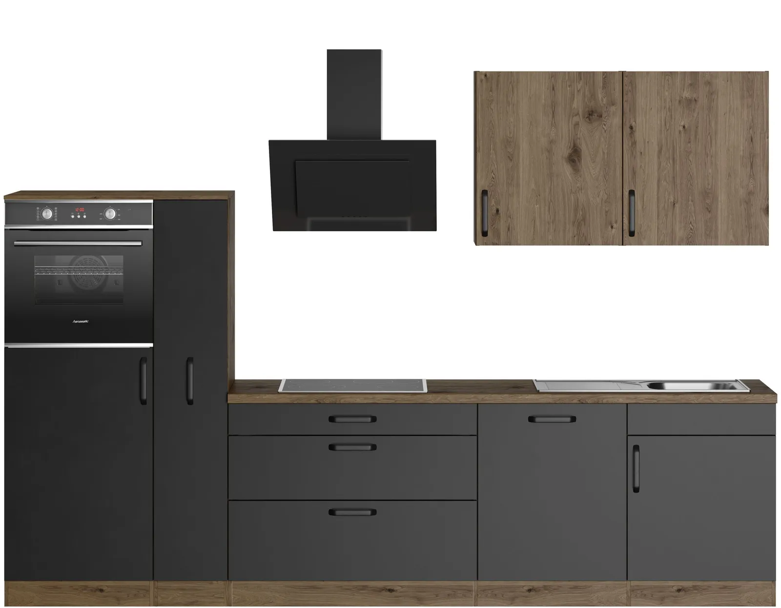 Moderne Küche in Anthrazit matt mit Arbeitsplatte aus Holzwerkstoff in Eichenoptik von wiho Küchen