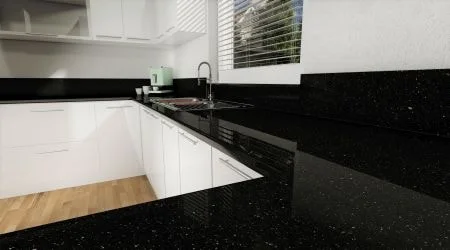 Weiße Küche mit Arbeitsplatte aus schwarzem Granit Star Galaxy