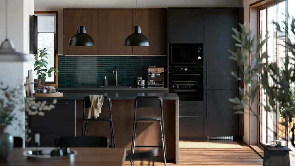 Moderne IKEA METOD Inselküche in Schwarz und Holz mit grüner Fliese