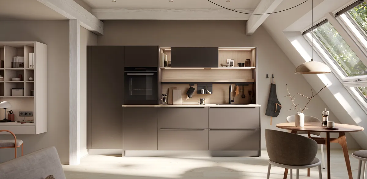 Häcker concept130 VEGAS in Urban Brown Metallic unter Dachschräge