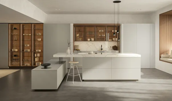 Häcker systemat AV 5015 Sandbeige mit Walnuss-Vitrinen und Kochinsel
