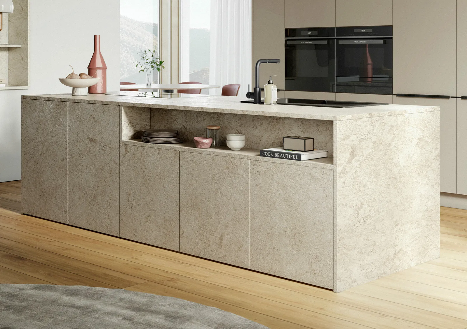 Häcker systemat AV 3050 in Granit-beige als Kücheninsel, dahinter AV 6000
