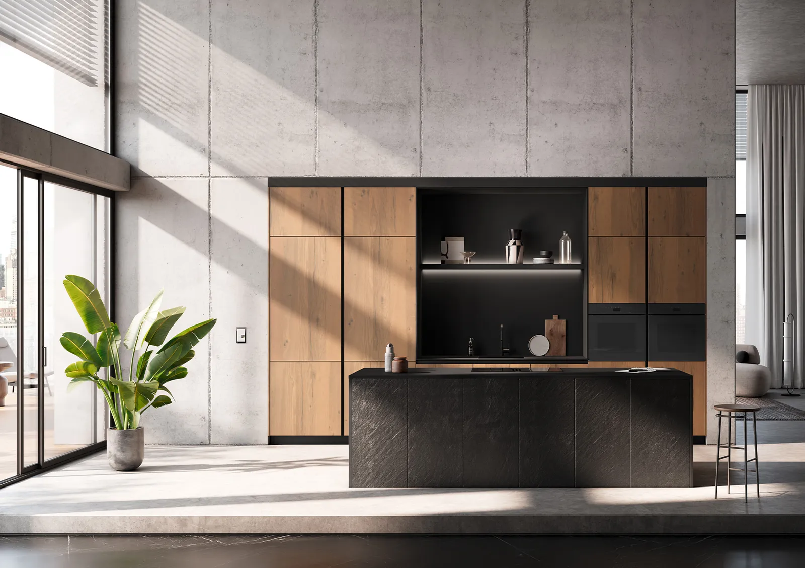 Häcker systemat AV 7030-GL Black Star mit Wildeiche Nougat, Hochglanz Schwarz