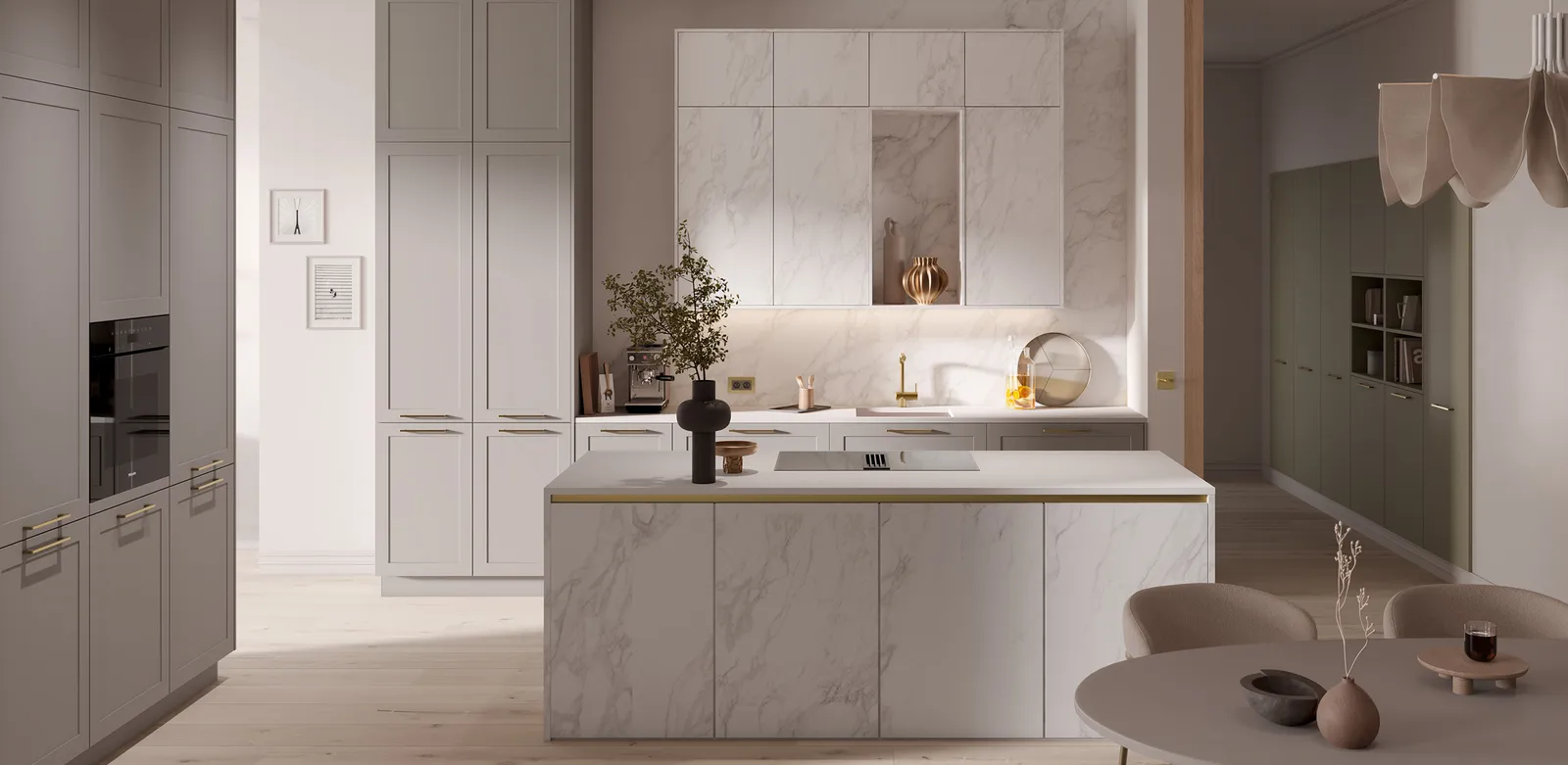 Häcker systemat AV 5045 Greige mit Calacatta-Marmor Arbeitsplatte, Inselküche