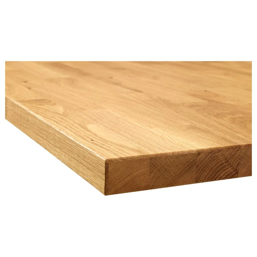 Kante einer IKEA KARLBY Arbeitsplatte mit Lamellenbild in Eiche