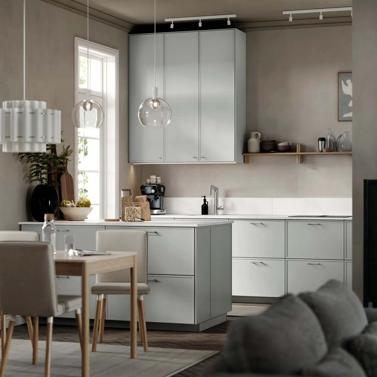 IKEA METOD Küche grau-blau mit weißer Arbeitsplatte
