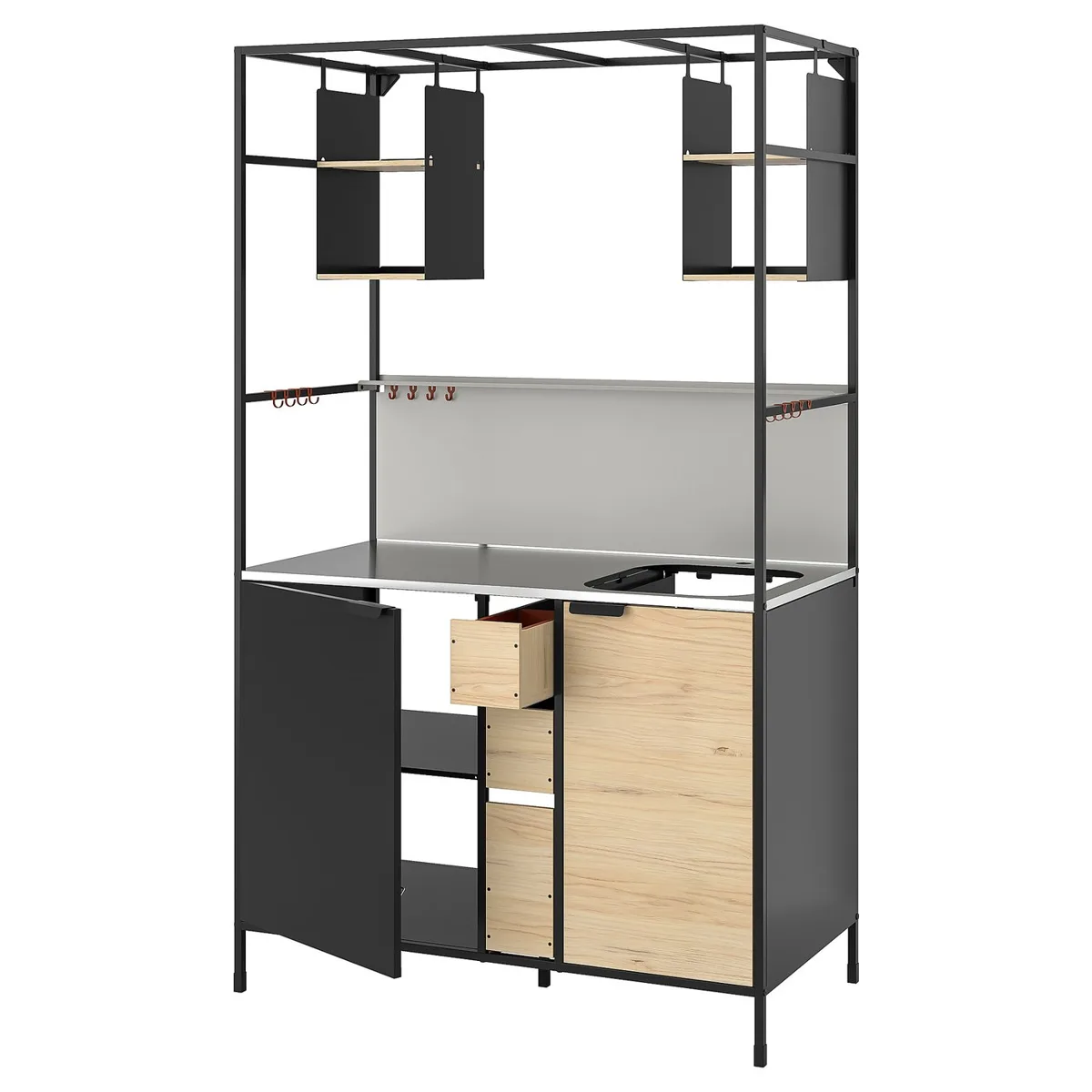 IKEA ÄSPINGE Kochnische mit schwarzem Metallgestell und Eschenfronten