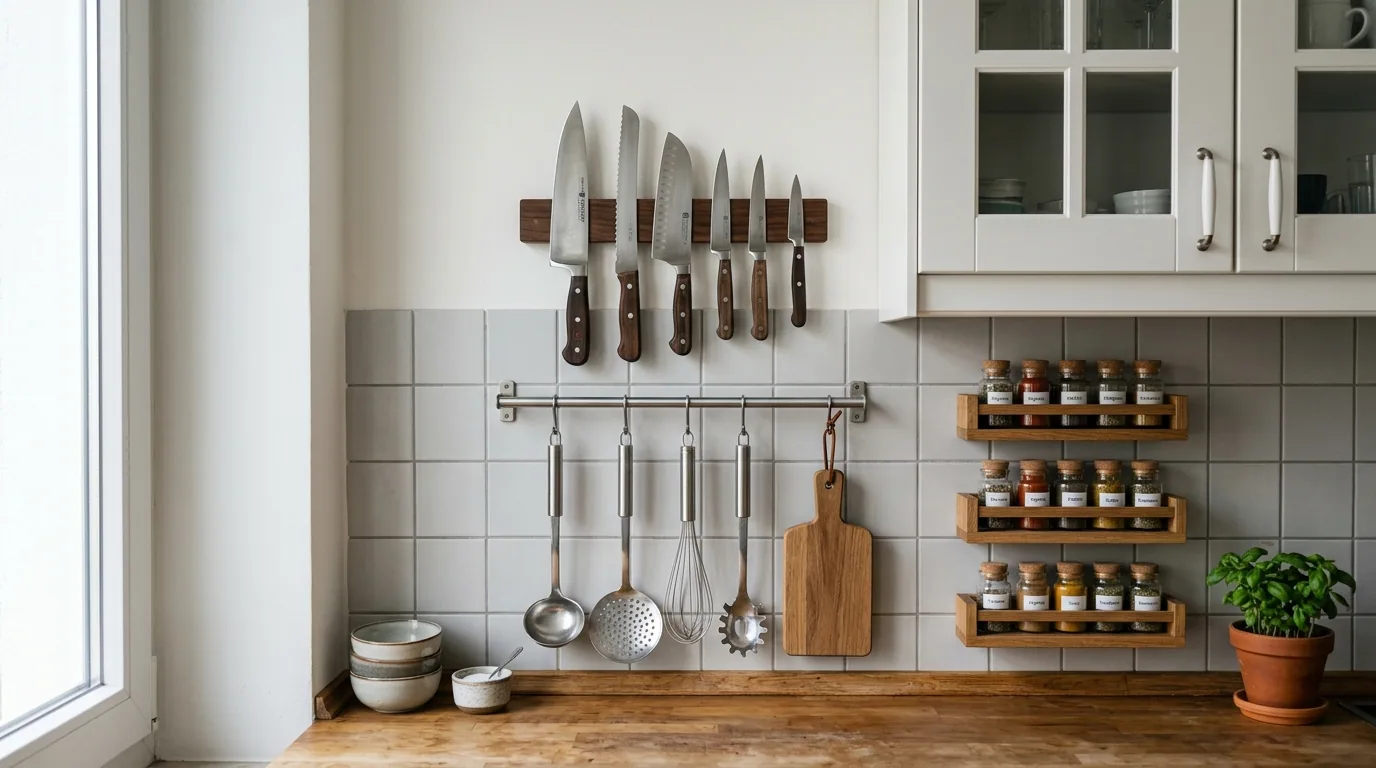 Eine Küchenwand mit einer Magnetleiste für Messer, einer Hakenleiste für Küchenutensilien und mehreren Gewürzregalen