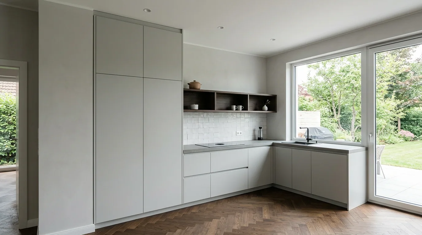 Eine moderne Küche mit einem deckenhohen Hochschrank und einer angrenzenden Küchenzeile mit Fensterblick in einen Garten