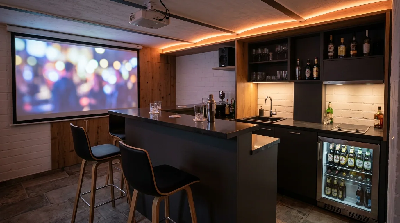 Eine moderne Kellerküche mit einer Bar, Hochstühlen, einem Beamer und einer Theke, die gut für Unterhaltung ausgestattet ist
