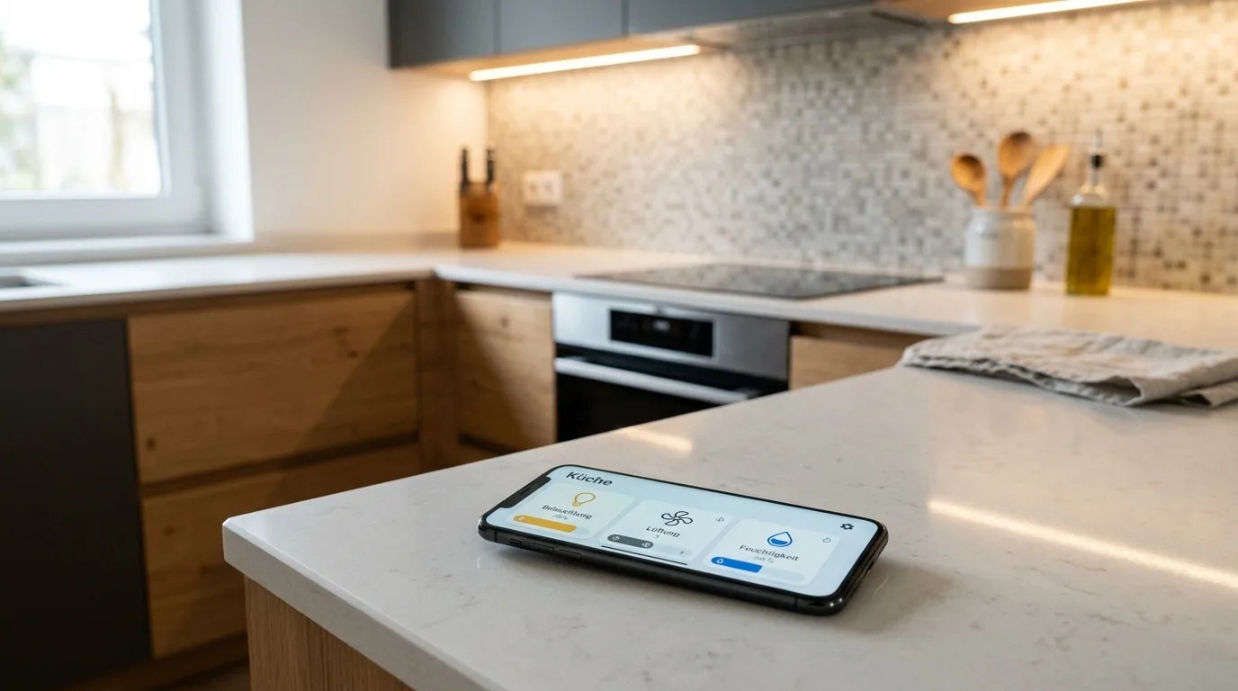 Ein Smartphone liegt auf einer modernen Küchenarbeitsplatte und zeigt eine Smart-Home-App mit Funktionen für Beleuchtung