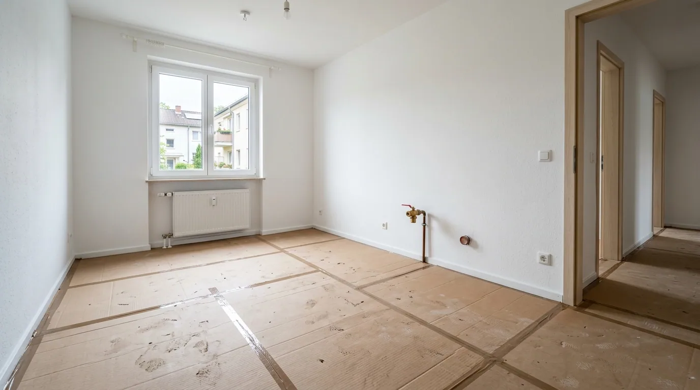 Leerer Raum vor der Küchenmontage mit vorbereitetem Wasseranschluss an der Wand, Steckdosen und frisch verlegtem Boden