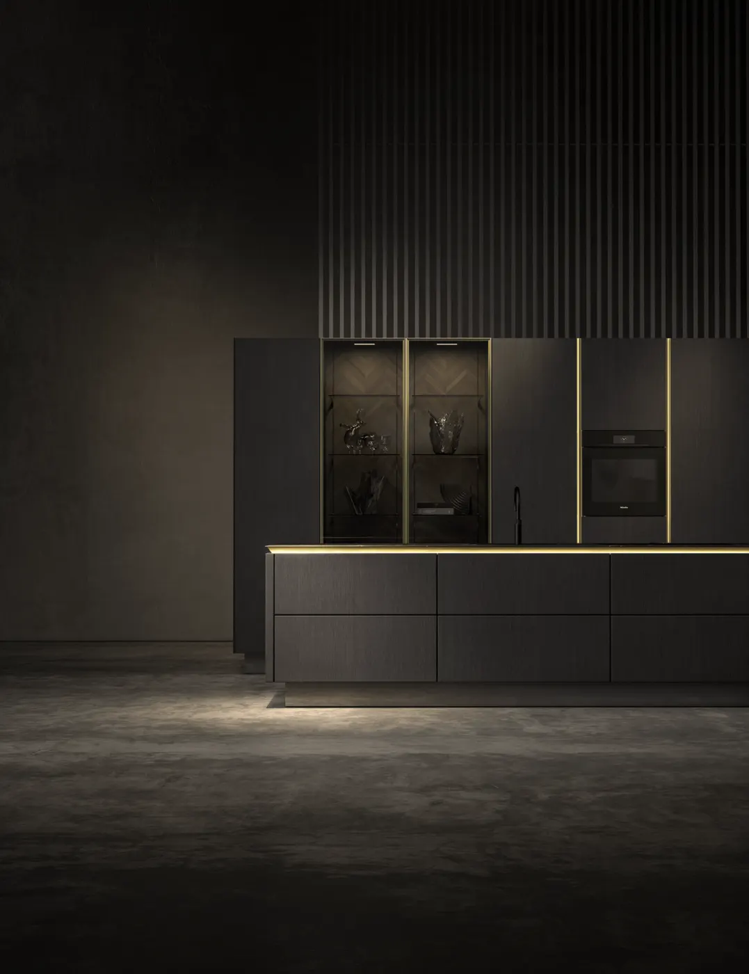 SieMatic Küche der Stilwelt PURE in Schwarz mit beleuchteten Nischen
