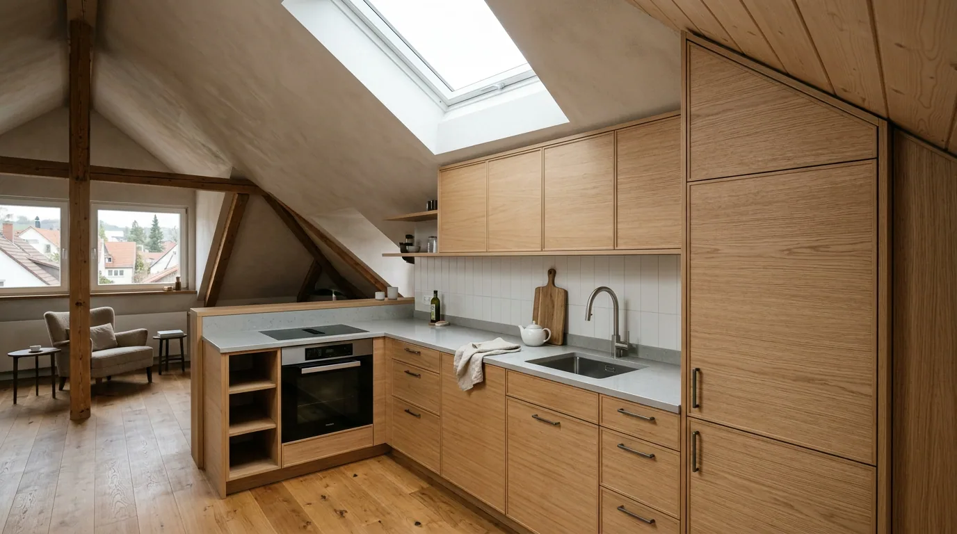 Eine Küchenzeile aus hellem Holz in einem Dachgeschoss, bei der die Schränke perfekt an die Dachschräge angepasst sind