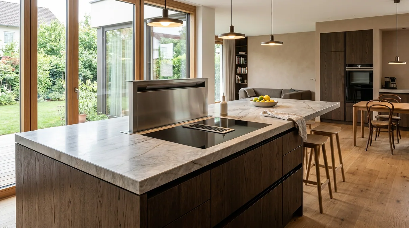 Eine moderne Kücheninsel aus Holz und Marmor mit integriertem Kochfeld und Dunstabzug, die in einem offenen Wohnbereich vor