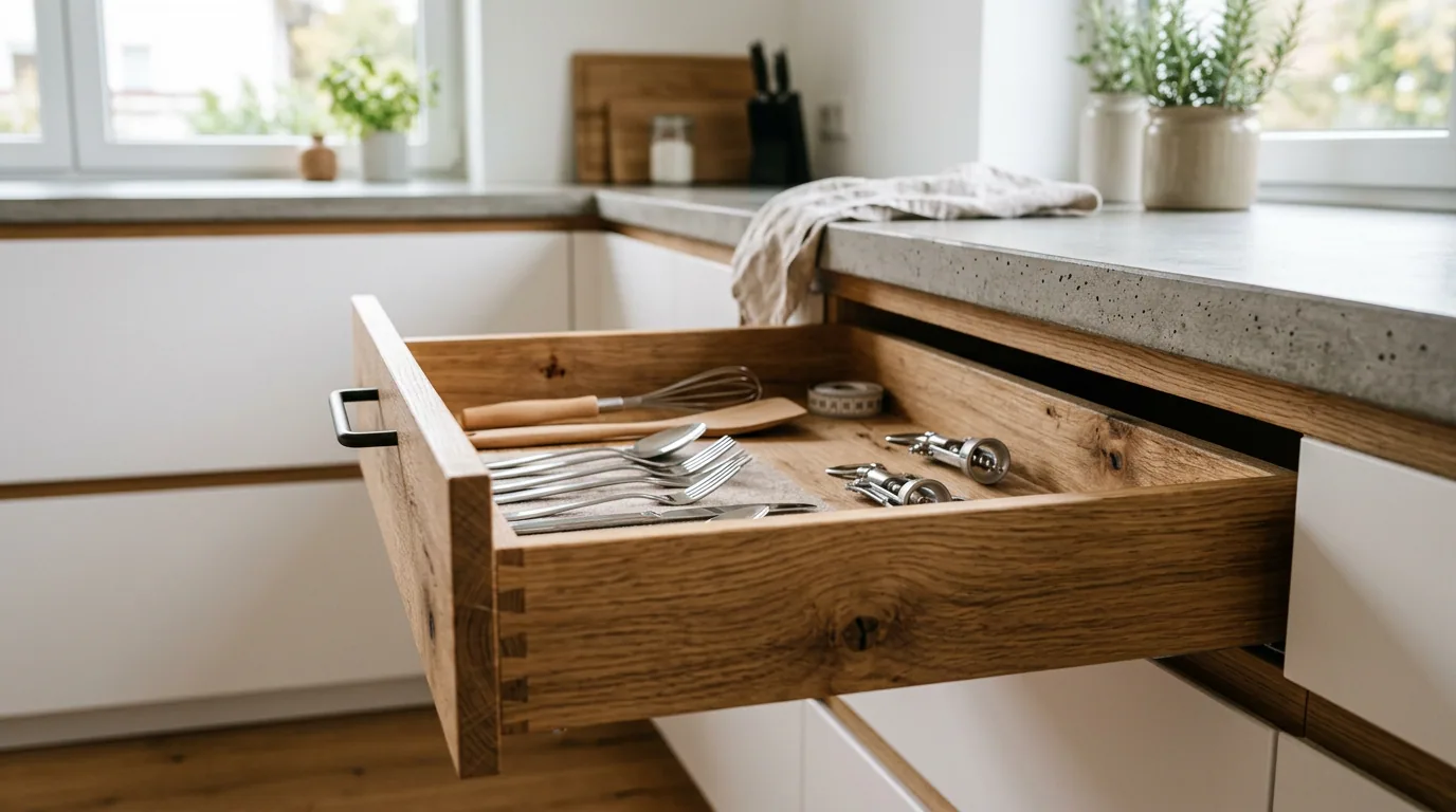 Eine offene Küchenschublade aus Massivholz mit Besteck und Küchenhelfern in einer modernen Küche