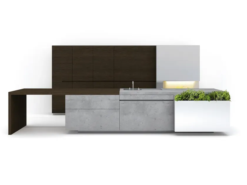 Steininger PURE Küche aus Beton und dunkler Eiche mit Kräutergarten