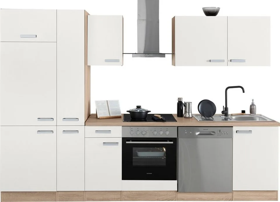 Weiße Küchenzeile OPTIFIT Leer 300 cm mit Kühlschrank
