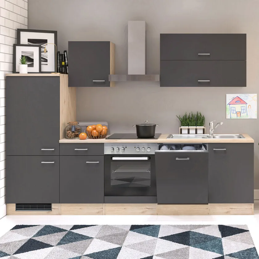 Graue Küchenzeile Quartier Ralph mit Kühlschrank, Backofen und Geschirrspüler