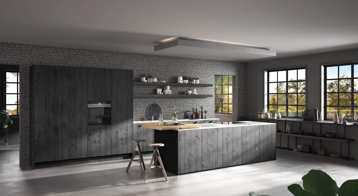 Rotpunkt Raw Front in Black, moderne Küche mit schwarzer Echtholzfront und sichtbarer Maserung