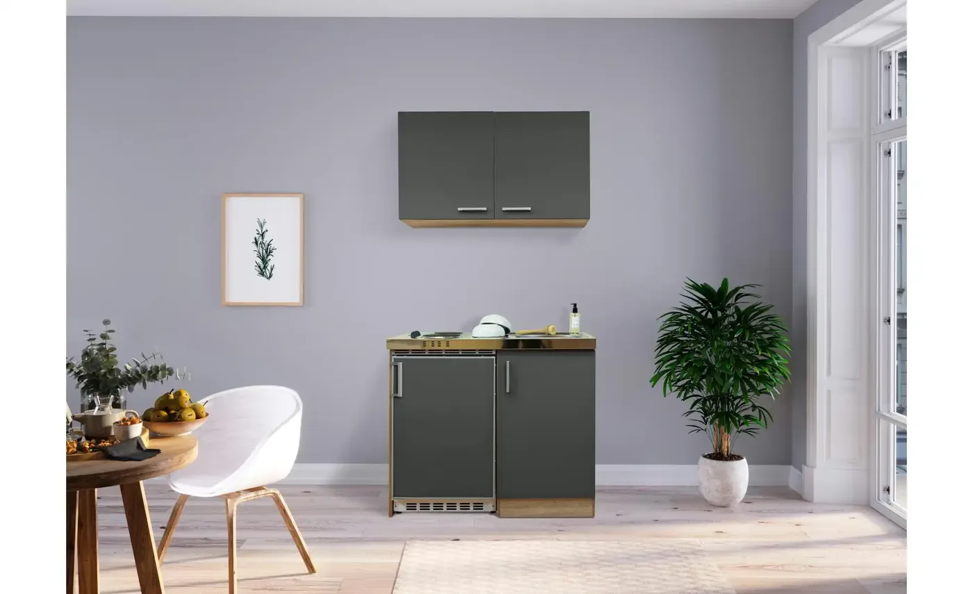 Miniküche 100 cm mit anthrazitfarbenen Fronten und Kühlschrank