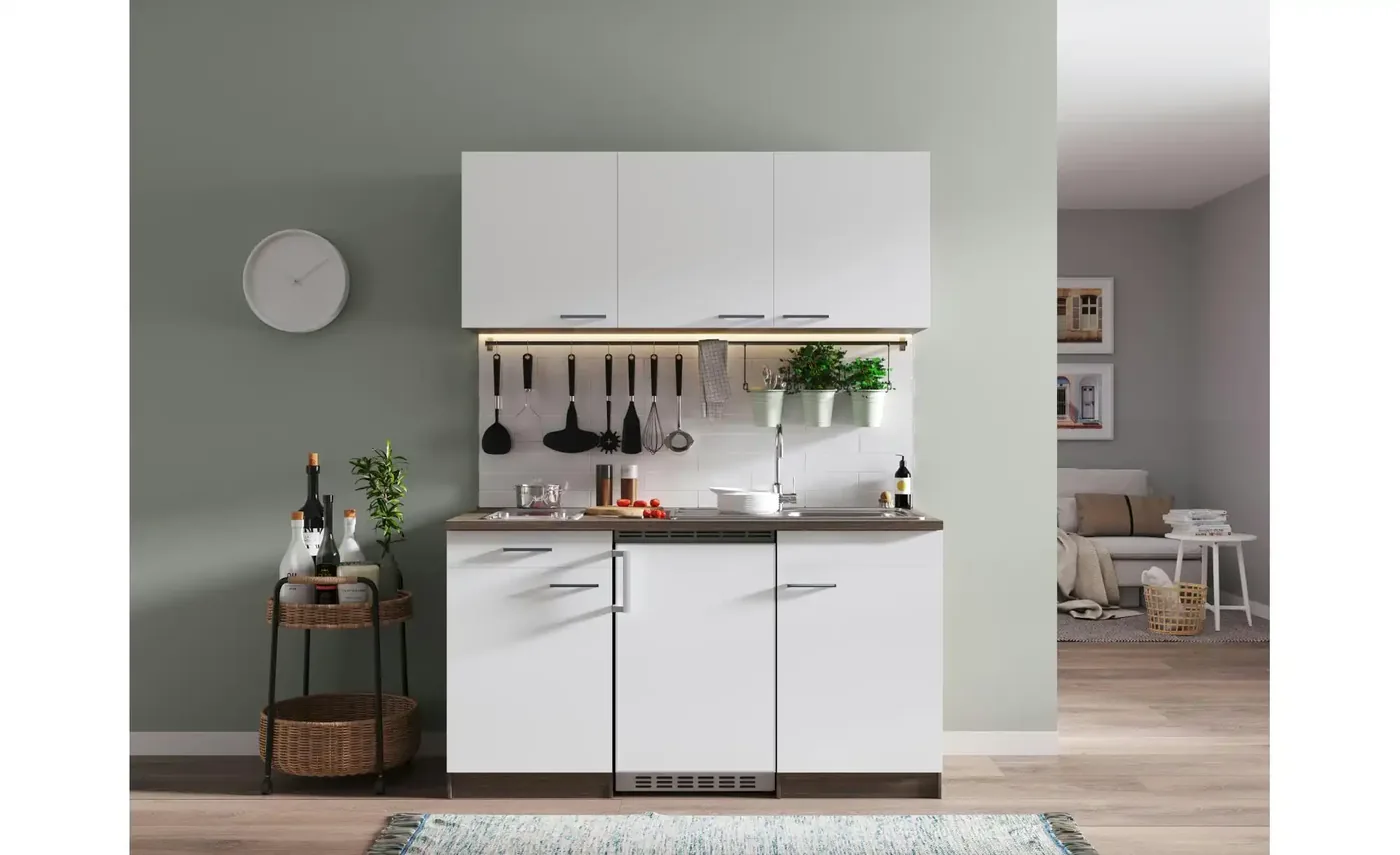 Singleküche 150 cm mit weißen Fronten und Kochfeld