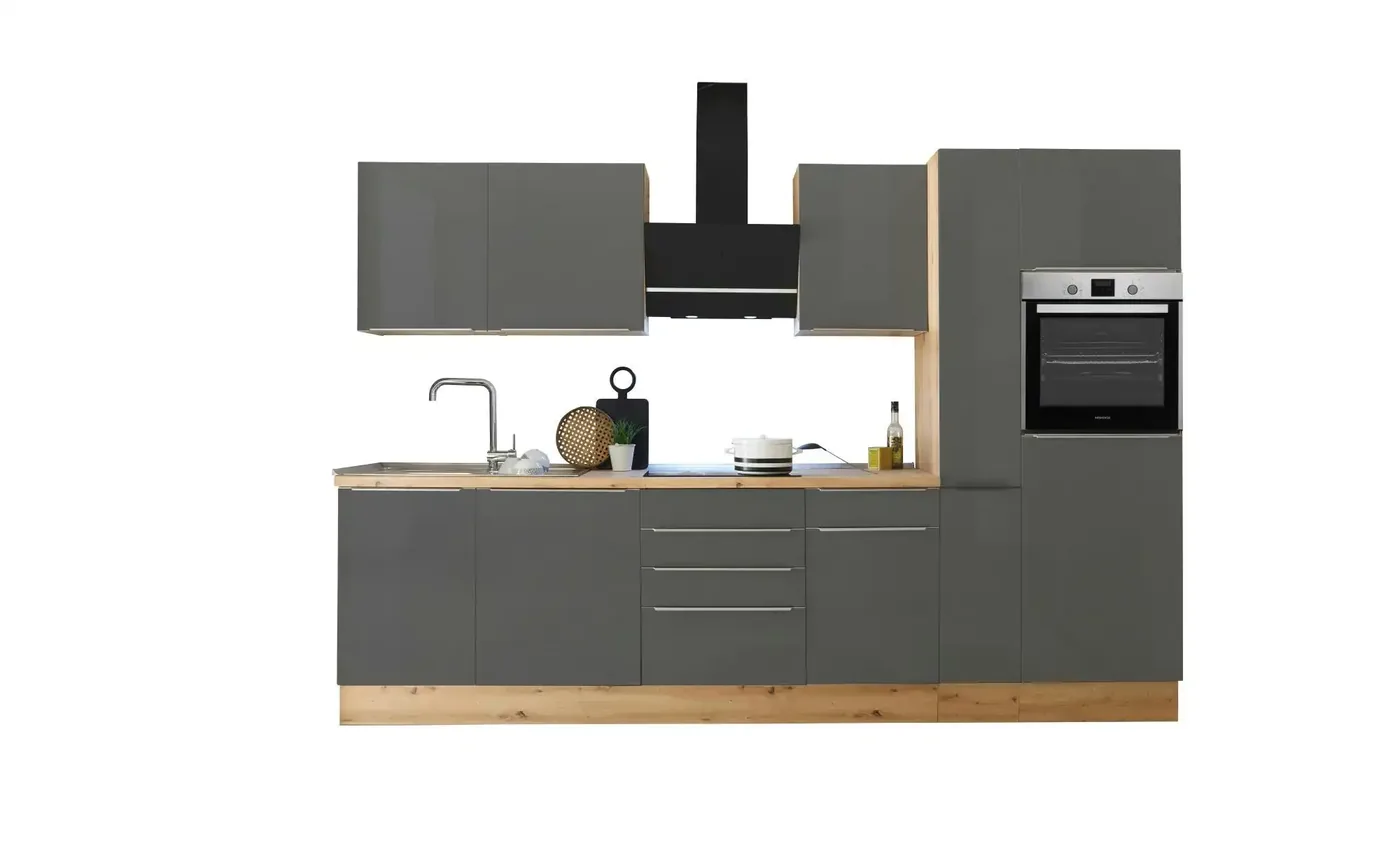 Graue Küchenzeile 310 cm mit Eichen-Arbeitsplatte bei sconto
