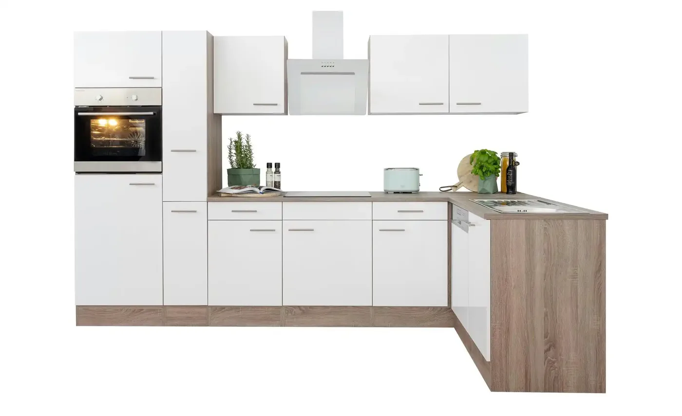 Weiße Winkelküche 310 cm mit Holzdekor-Arbeitsplatte