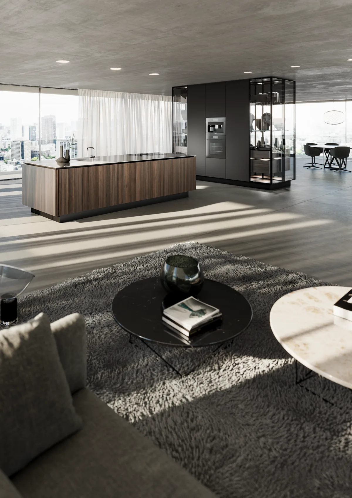 SieMatic Pure Kücheninsel mit Furnierfront in Nussbaum und schwarzer Lack-Hochschrankwand vor Skyline-Fensterfront