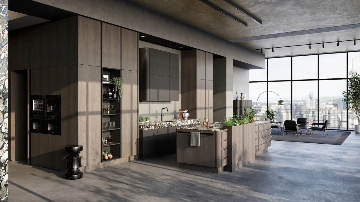 SieMatic SG6 Kücheninsel mit warmer Holzfront und organisch geschwungener Form, Loft mit Skyline-Blick