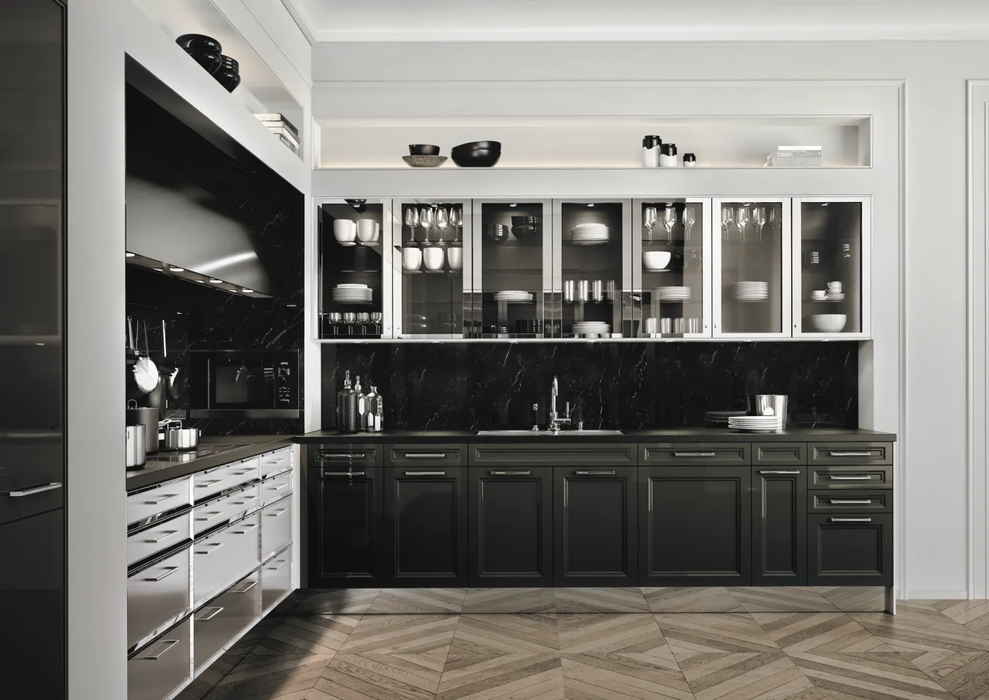 SieMatic CLASSIC Küche in Schwarz mit Vitrinen