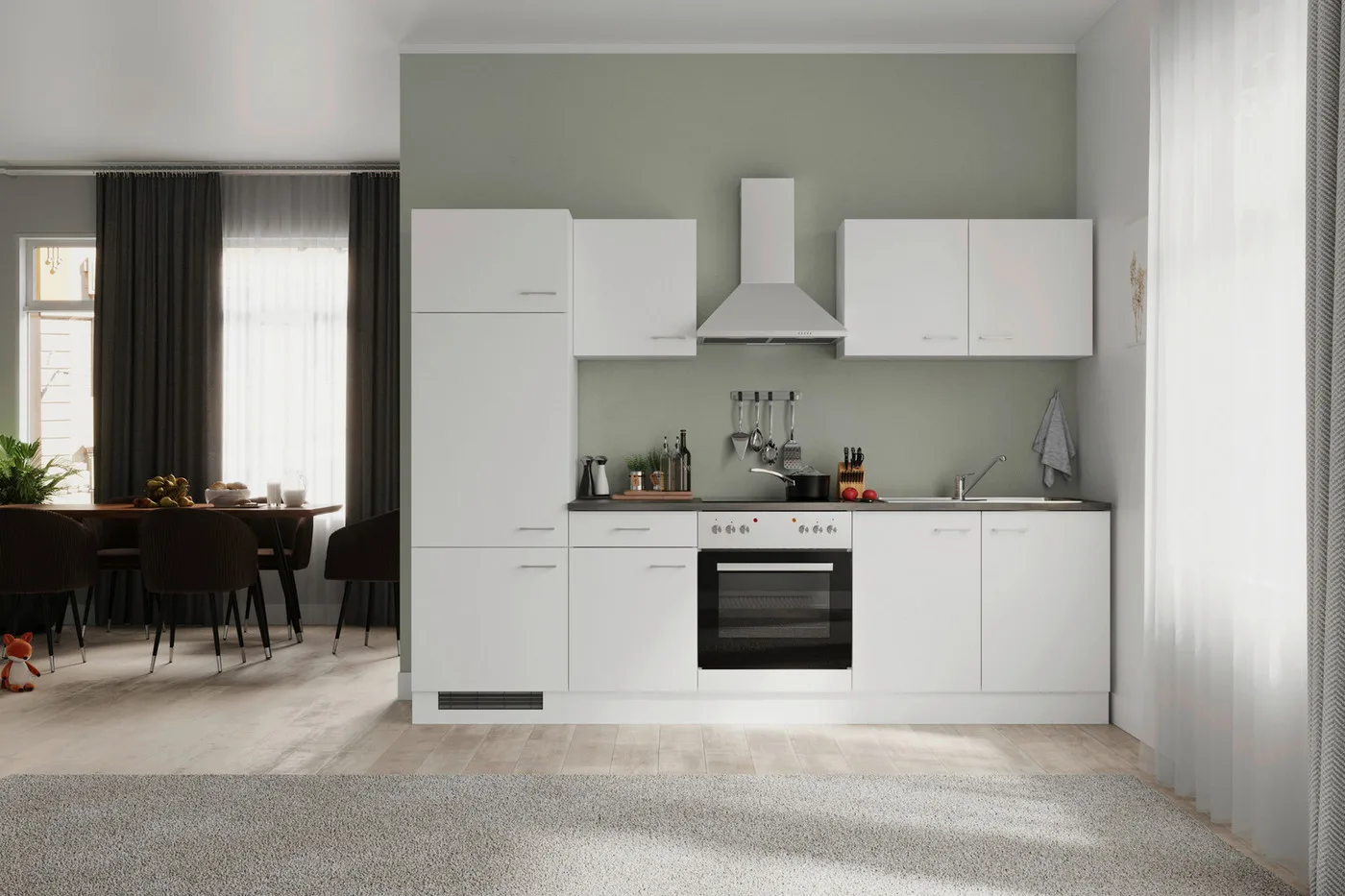 Weiße Küchenzeile FlexWell 270 cm mit Backofen und Hochschrank